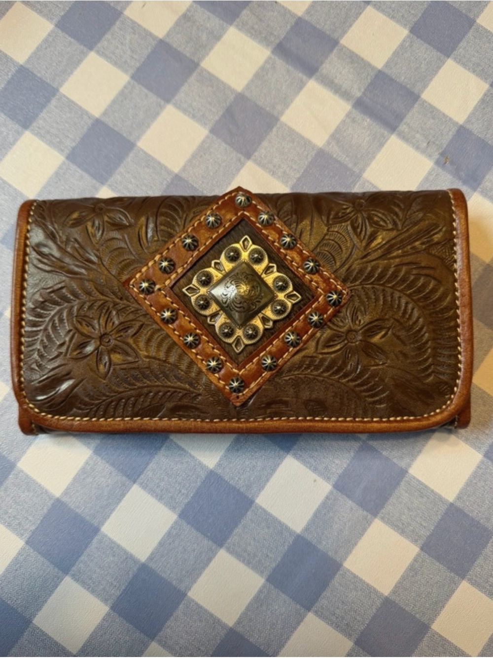 American West Brown Tooled Leather Wallet with Concho Accent